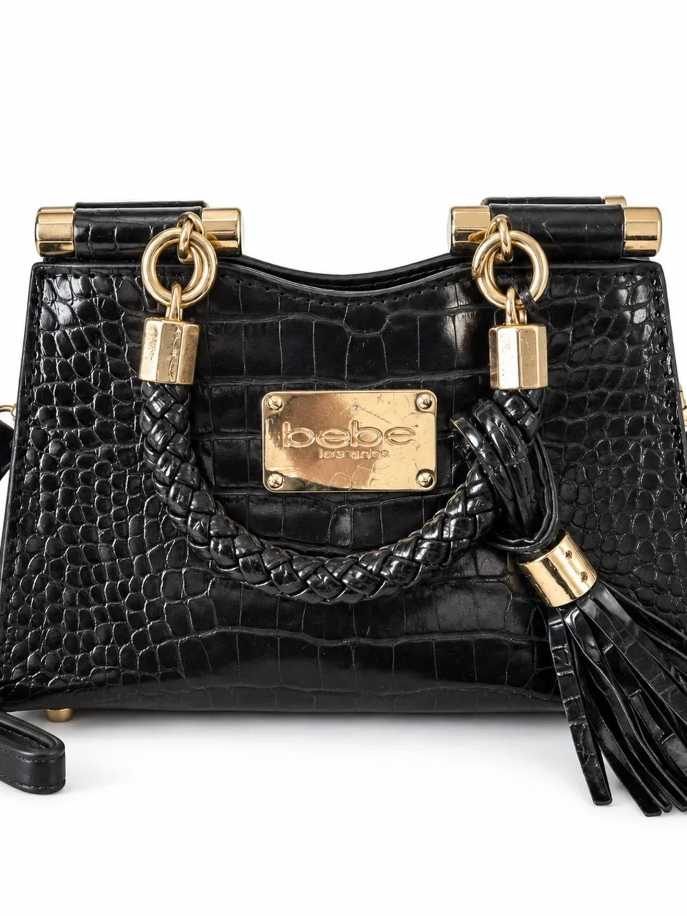 bebe Black Croc-Embossed Top Handle Satchel with Tassel